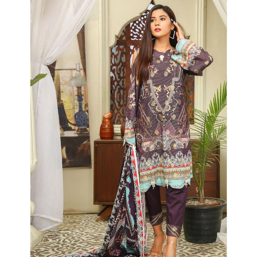 3 Pcs Unstitched Lawn Suit Floral Purple