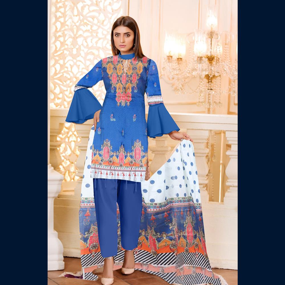 3 Pcs Unstitched Printed Lawn Suit Diva Blue