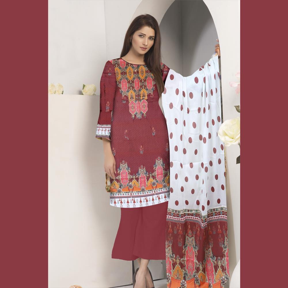 3 Pcs Unstitched Printed Lawn Suit Diva Red