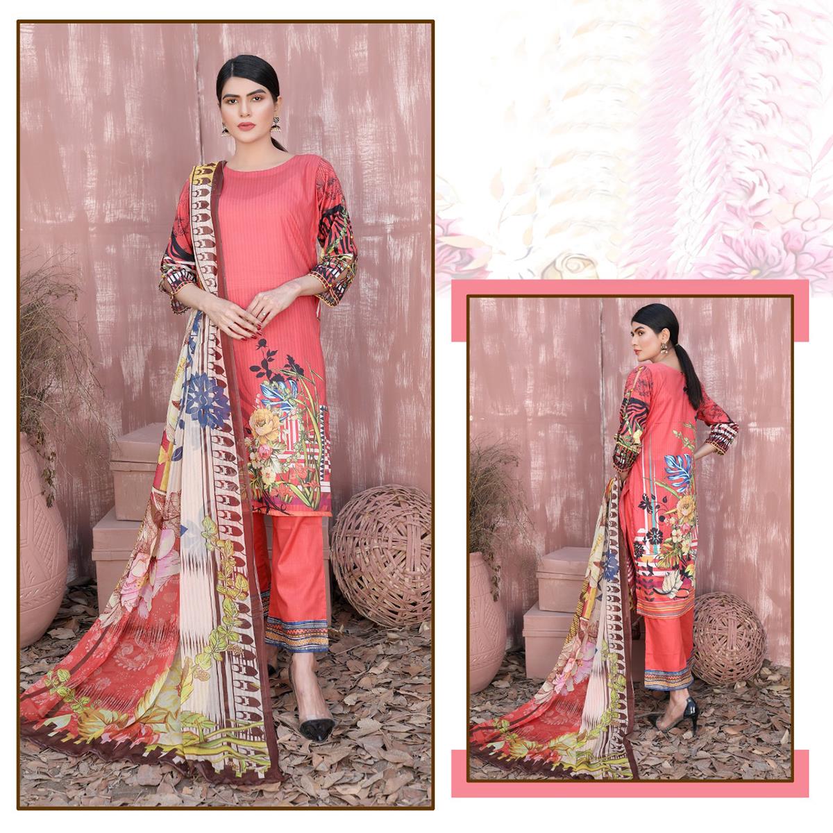 3 Pcs Unstitched Printed Lawn Suit Glam Red