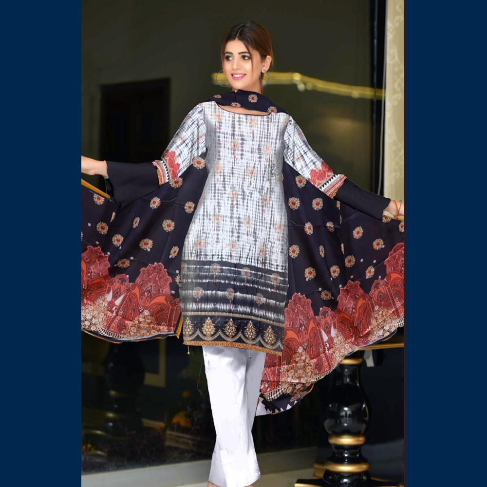 3 Pcs Unstitched Printed Lawn Suit Sharp Classic Curves