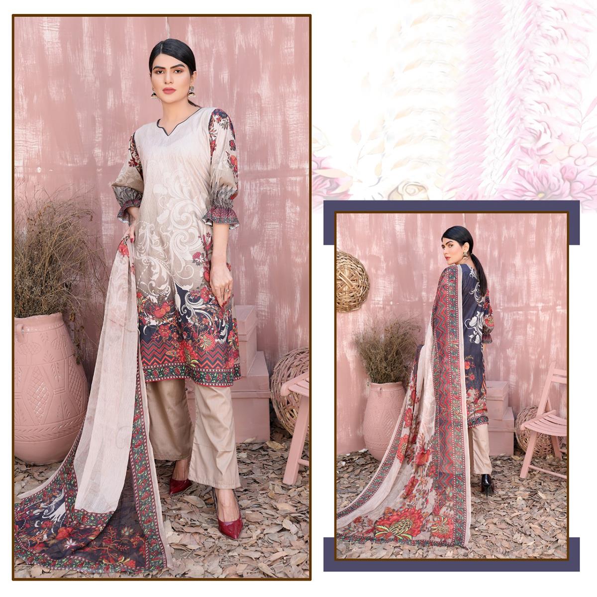 3 Pcs Unstitched Printed Lawn Suit Sharp Closet