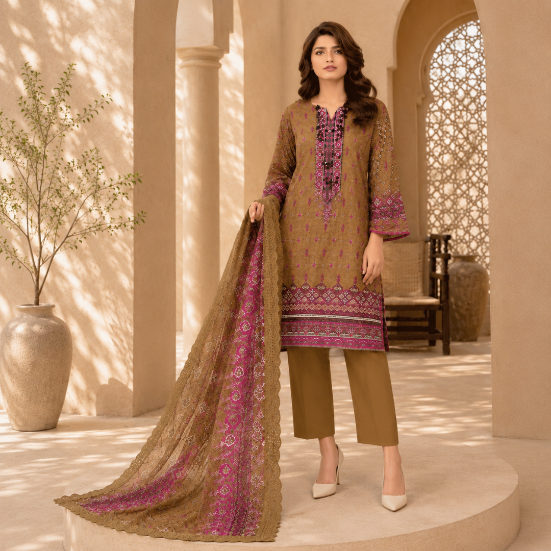 3 Pcs Unstitched Embroidered Lawn Suit Brown
