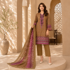 3 Pcs Unstitched Embroidered Lawn Suit Brown