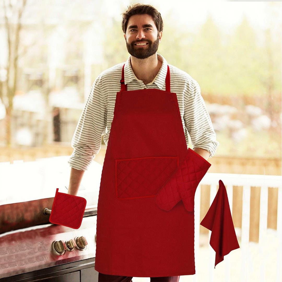 4 Pcs Quilted Kitchen Apron Set Titan Red