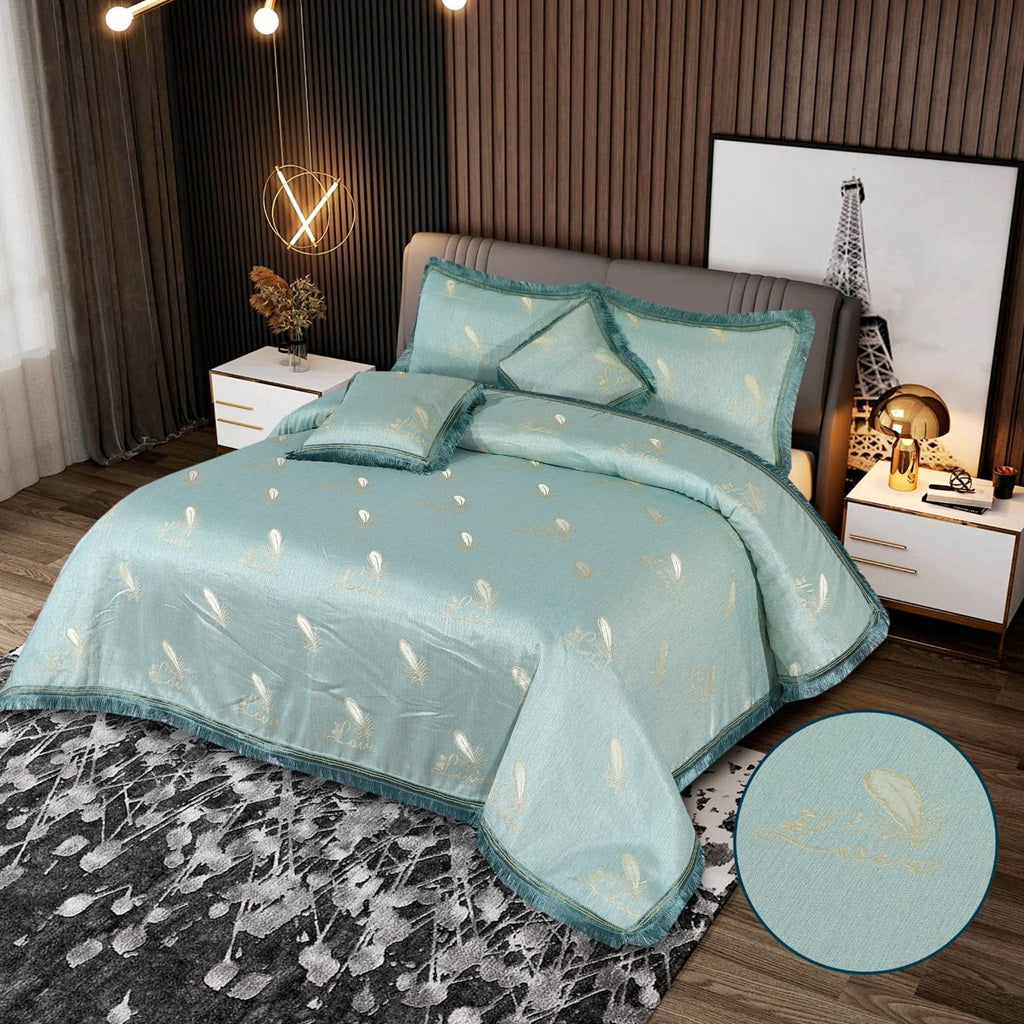 5 Pcs Velvet Embossed Aqua Blue Bedding Set