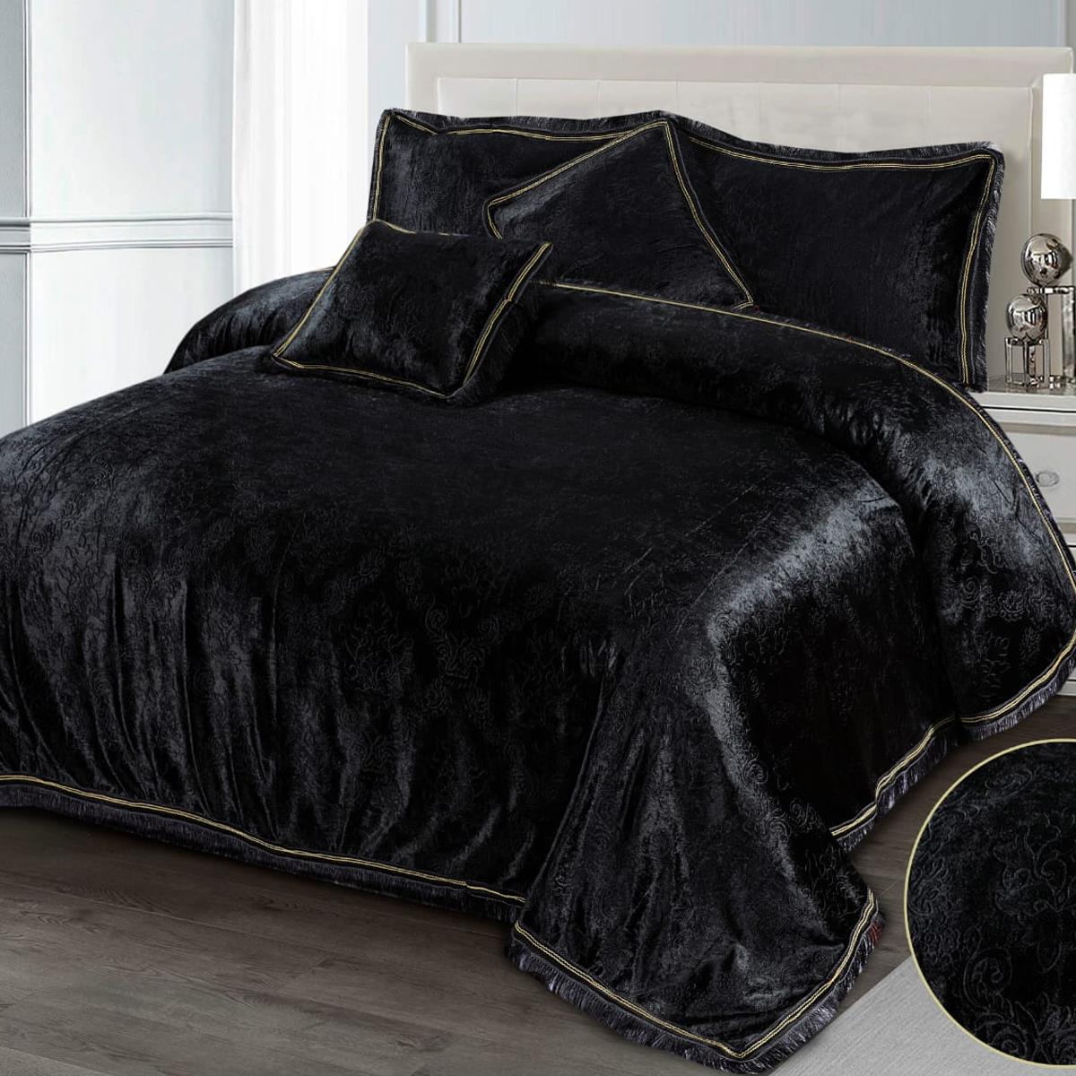 5 Pcs Velvet Embossed Black Bedding Set