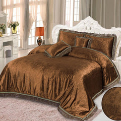 5 Pcs Velvet Embossed Gold Brown Bedding Set