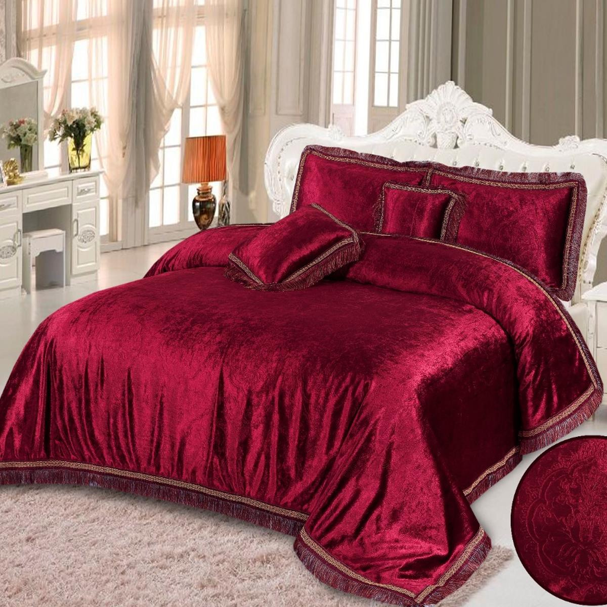 5 Pcs Velvet Embossed Maroon Bedding Set