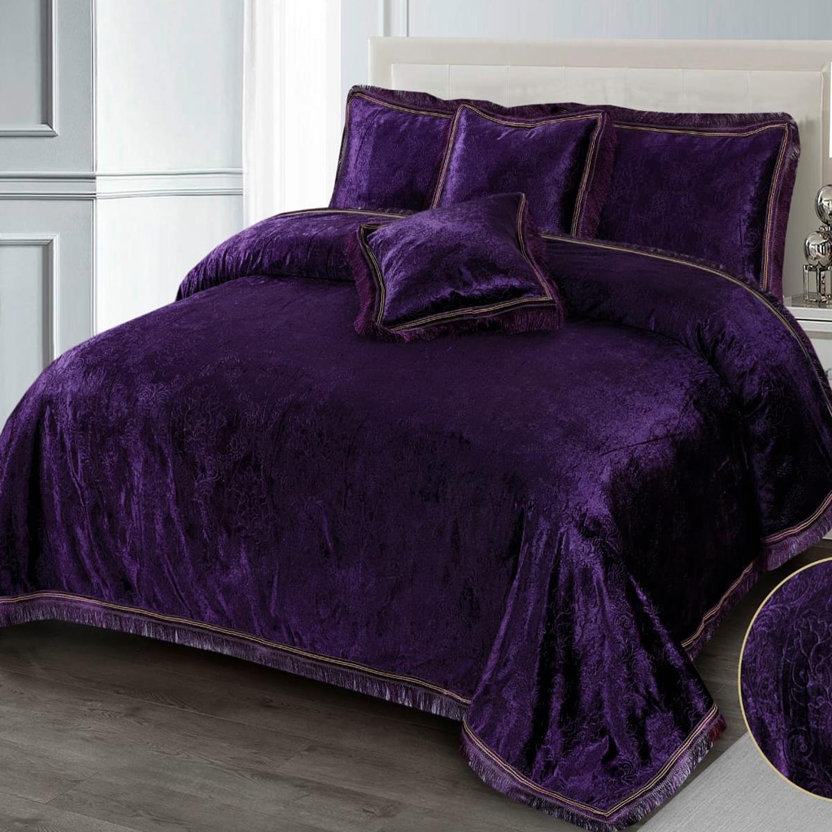 5 Pcs Velvet Embossed Purple Bedding Set