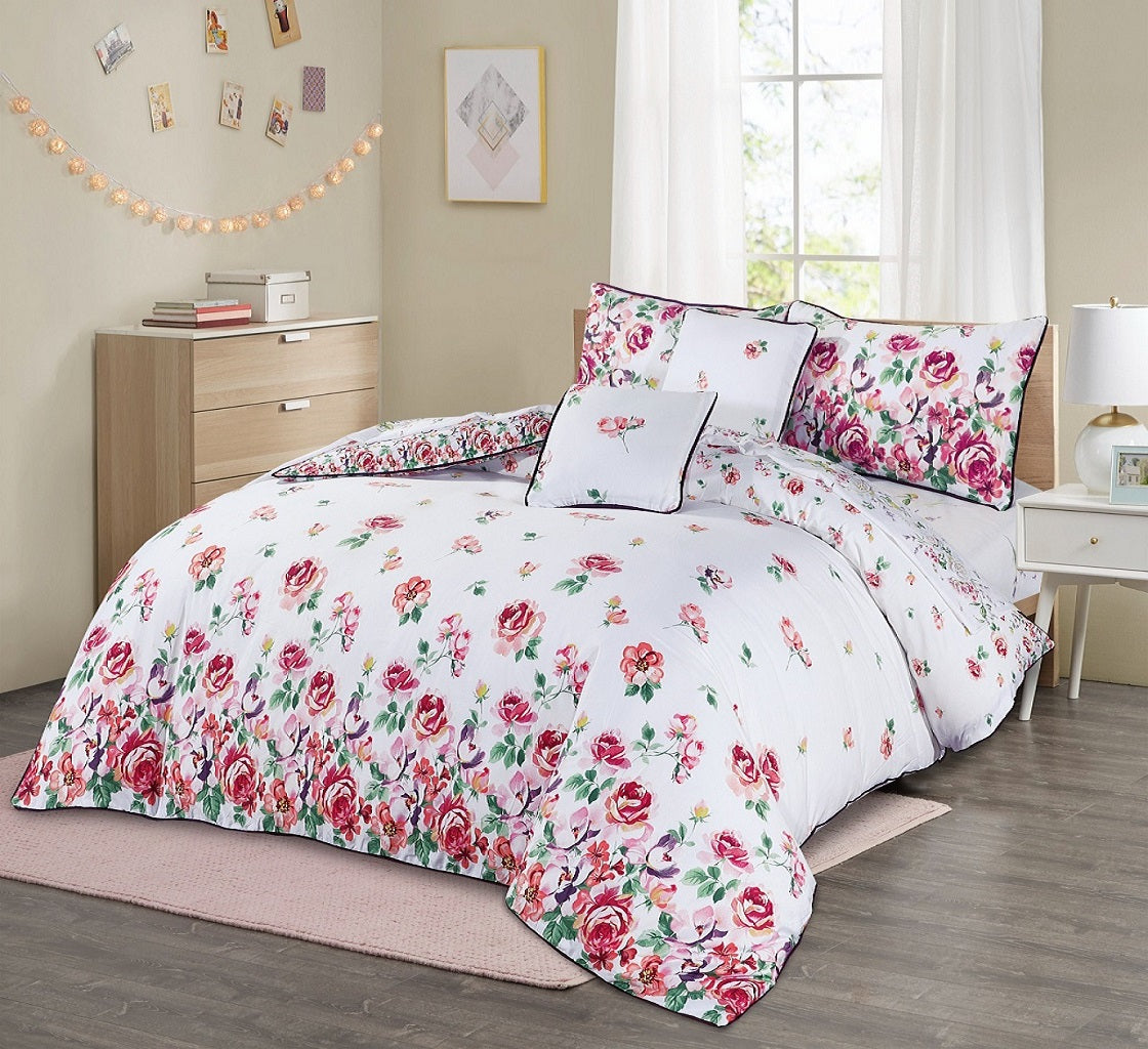 6 Pcs Cotton Satin Red Floral Bed Sheet Set (Quilt, Pillow & Cushion Covers)