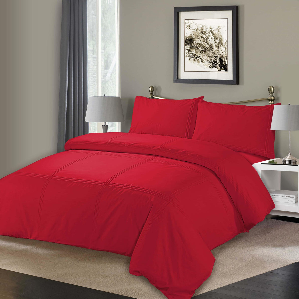 6 Pcs Dyed Pleated Red Bed Sheet Set with Quilt, Pillow and Cushions Covers