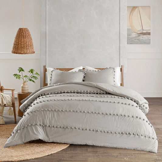 3 Pcs Pom Pom Silver Grey Comforter Filled 1024