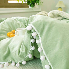 6 Pcs Pom Pom Green Bed Sheet Set (Quilt, Pillow & Cushion Covers)