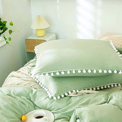 6 Pcs Pom Pom Green Bed Sheet Set (Quilt, Pillow & Cushion Covers)