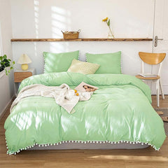 6 Pcs Pom Pom Green Bed Sheet Set (Quilt, Pillow & Cushion Covers)