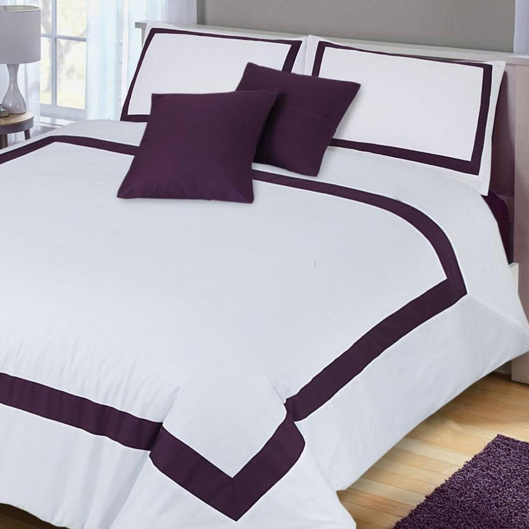 6 Pcs Purple Plain Panel White Bed Sheet Set With Quilt, Pillow And Cushions Covers