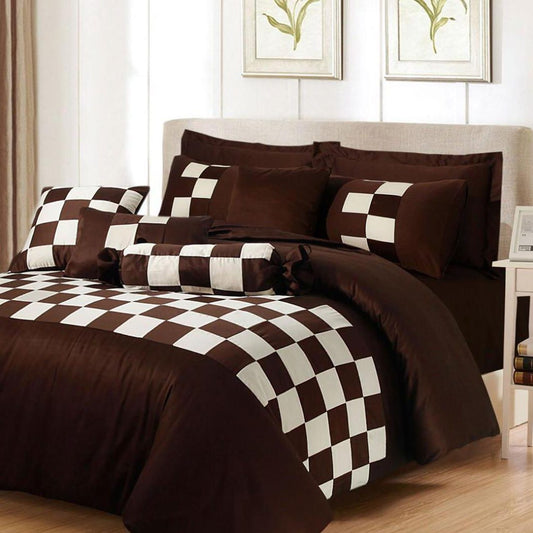 8 Pcs Chess Brown Bed Sheet Set With Quilt, Pillow And Cushions Covers 1080