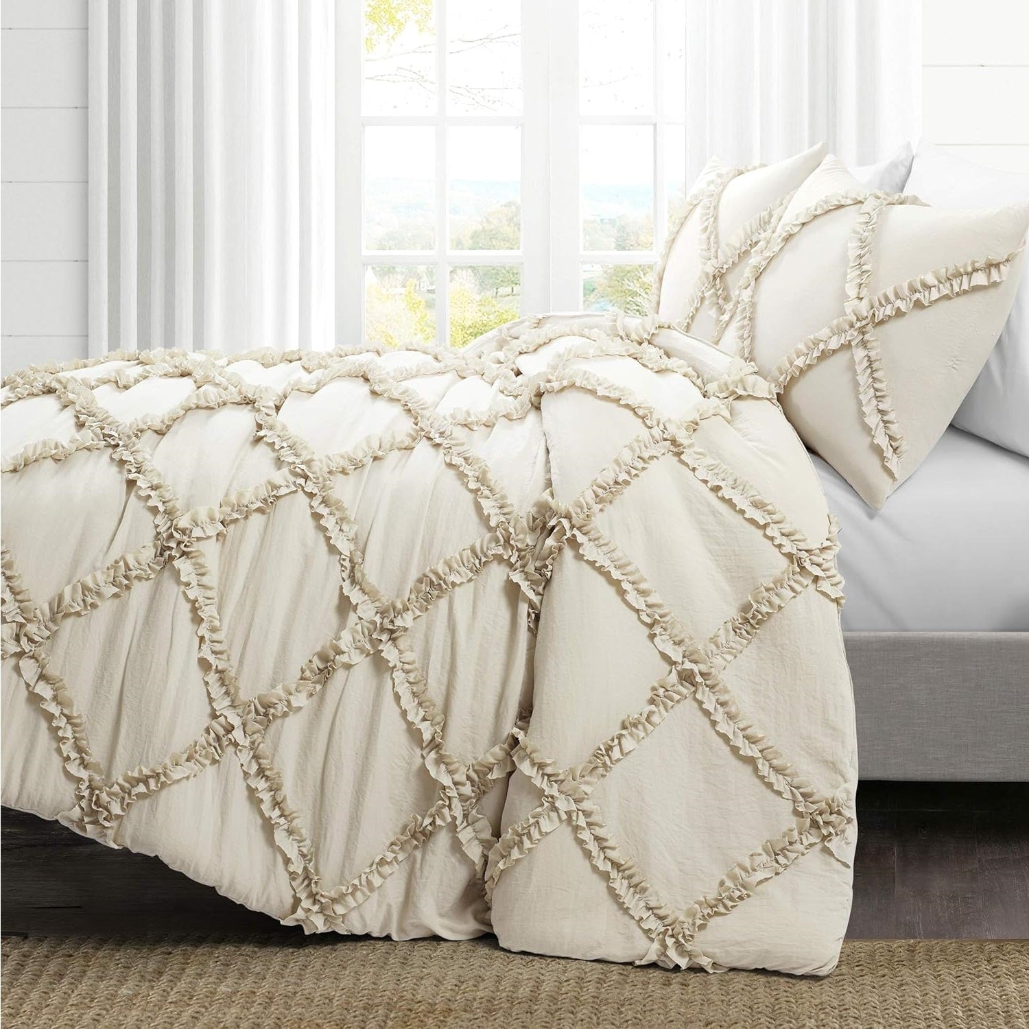 8 Pcs Cross Ruffled Beige Bed Sheet Set (Quilt, Pillow & Cushion Covers)