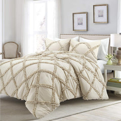 8 Pcs Cross Ruffled Beige Bed Sheet Set (Quilt, Pillow & Cushion Covers)