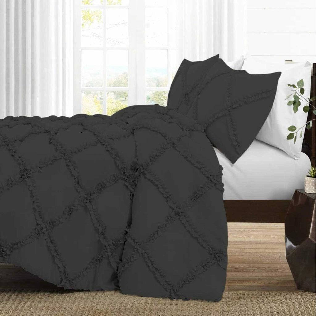 8 Pcs Cross Ruffled Charcoal Bed Sheet Set (Quilt, Pillow & Cushion Covers)