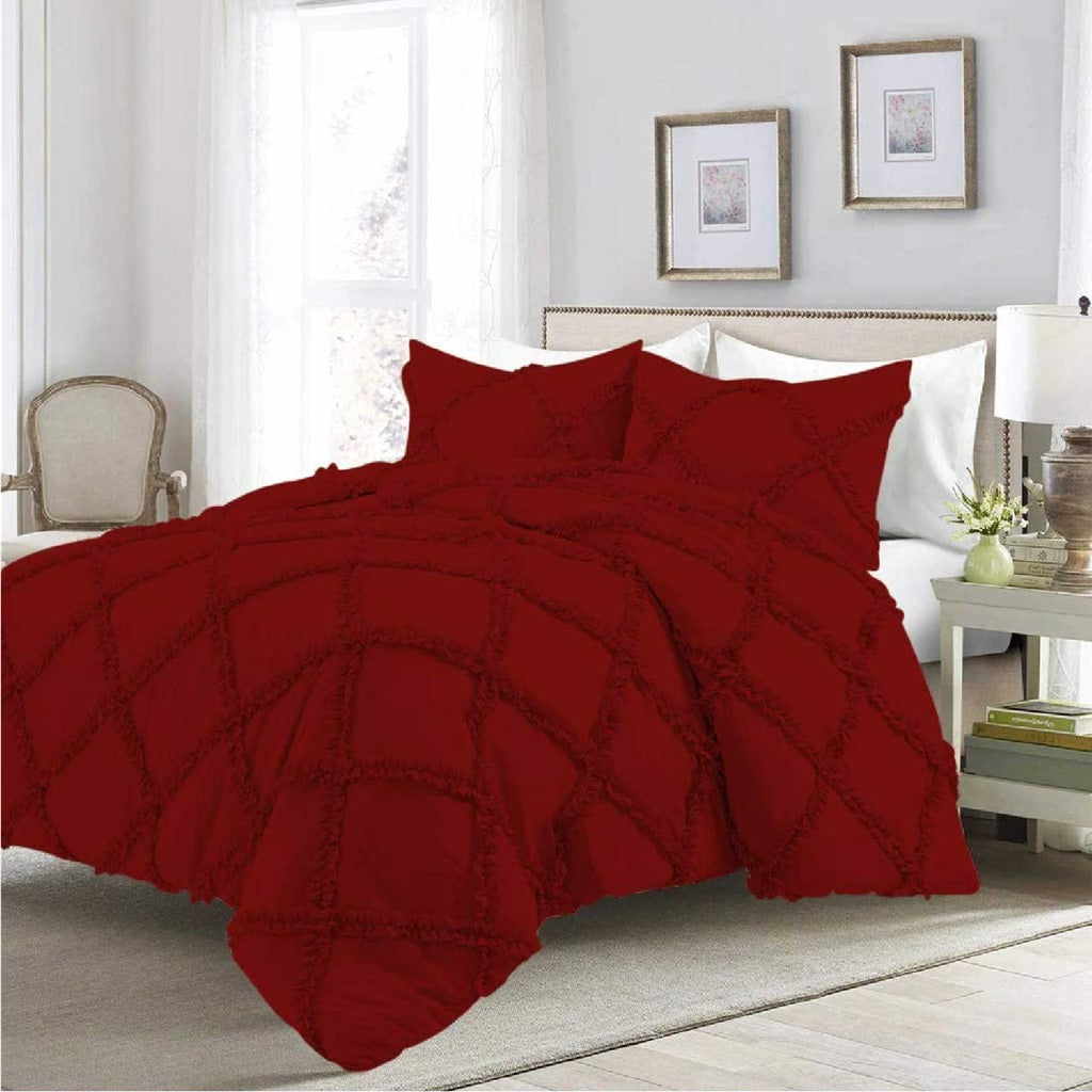 8 Pcs Cross Ruffled Maroon Bed Sheet Set (Quilt, Pillow & Cushion Covers)