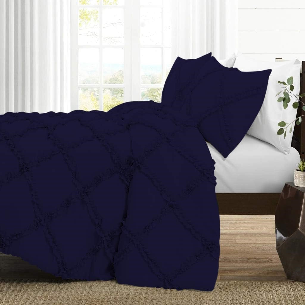 8 Pcs Cross Ruffled Navy Blue Bed Sheet Set (Quilt, Pillow & Cushion Covers)