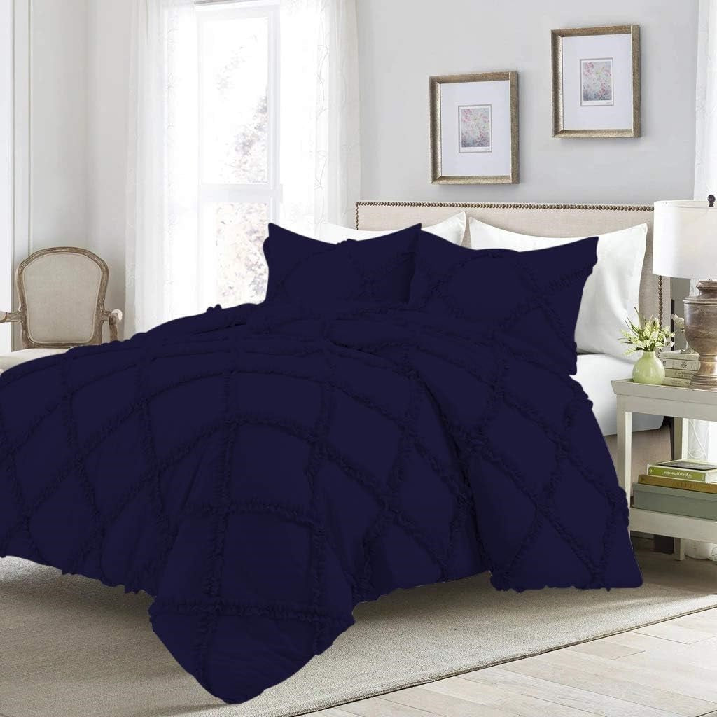 8 Pcs Cross Ruffled Navy Blue Bed Sheet Set (Quilt, Pillow & Cushion Covers)