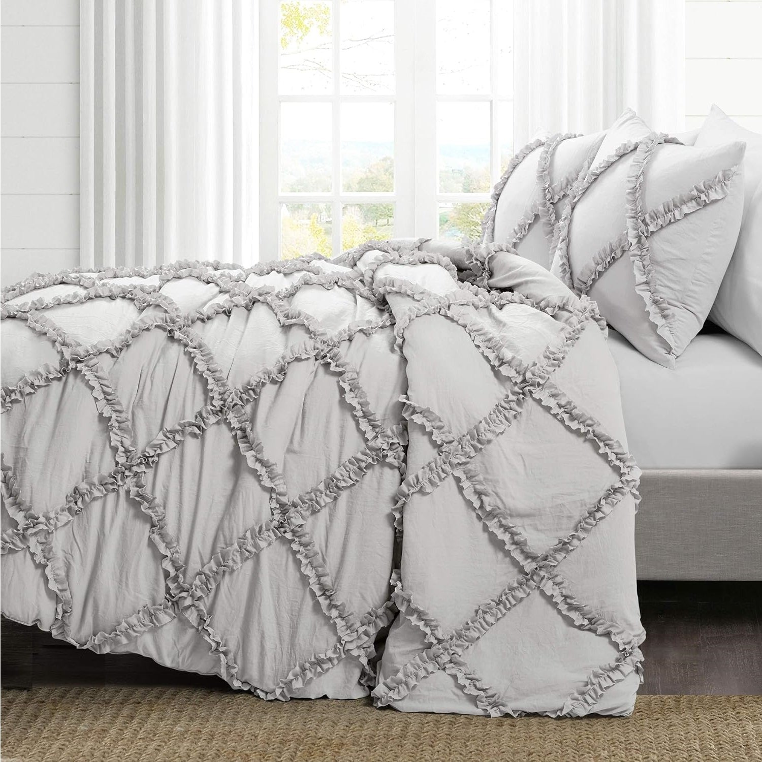 8 Pcs Cross Ruffled Silver Grey Bed Sheet Set (Quilt, Pillow & Cushion Covers)