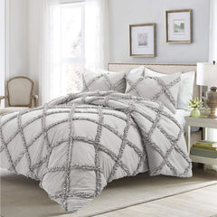 8 Pcs Cross Ruffled Silver Grey Bed Sheet Set (Quilt, Pillow & Cushion Covers)