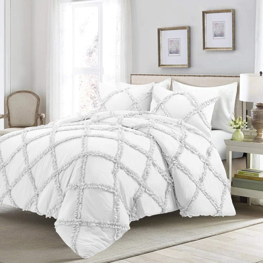 8 Pcs Cross Ruffled White Bed Sheet Set (Quilt, Pillow & Cushion Covers)