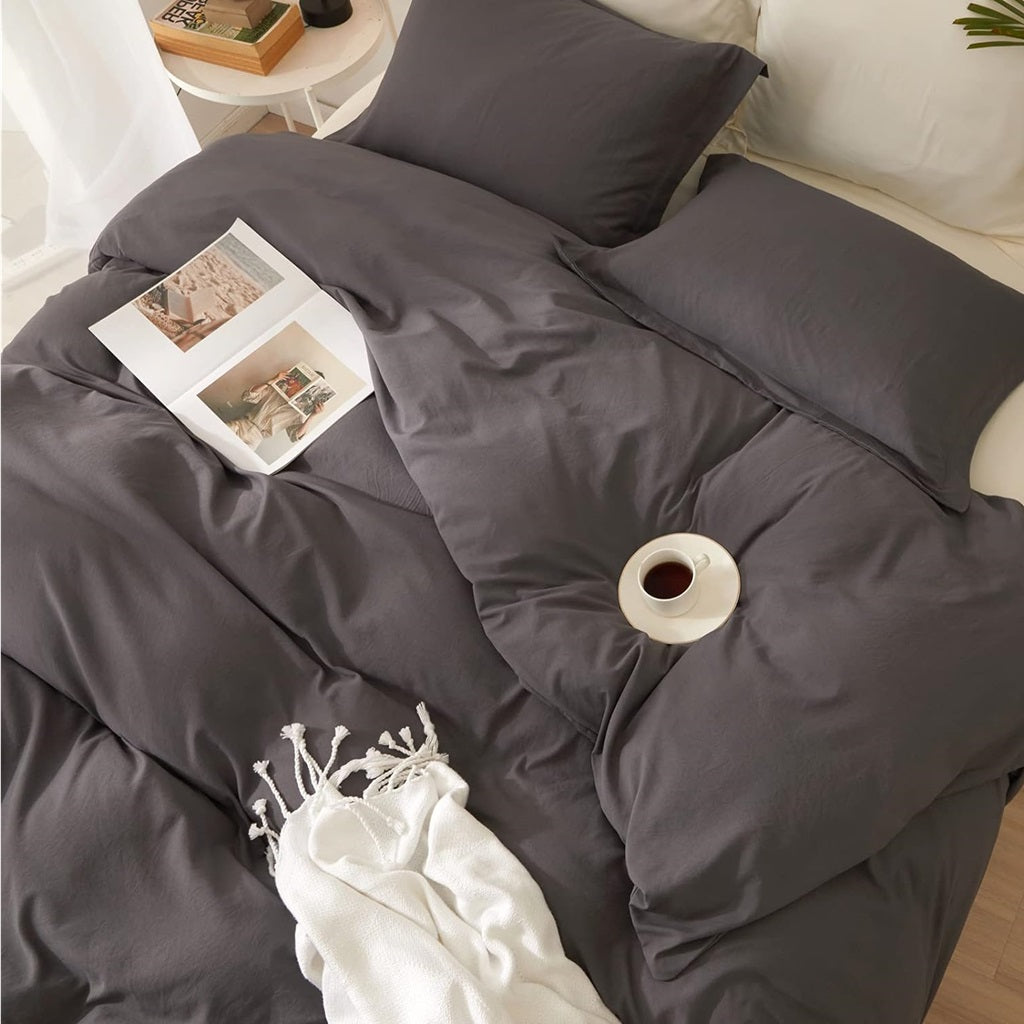 8 Pcs Dyed Plain Charcoal Bed Sheet Set (Quilt, Pillow & Cushion Covers)