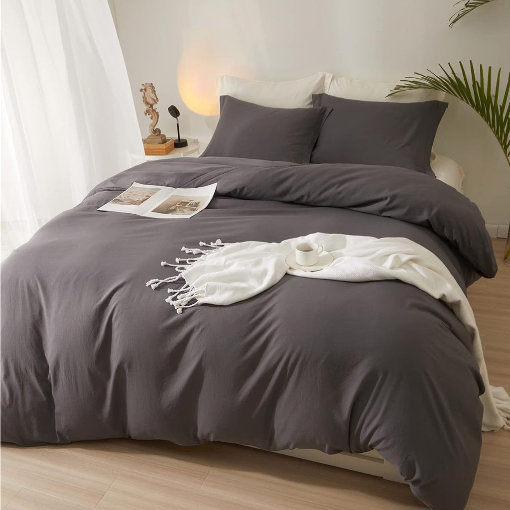 8 Pcs Dyed Plain Charcoal Bed Sheet Set (Quilt, Pillow & Cushion Covers)