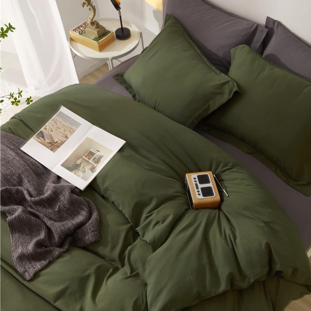 8 Pcs Dyed Plain Olive Green Bed Sheet Set (Quilt, Pillow & Cushion Covers)