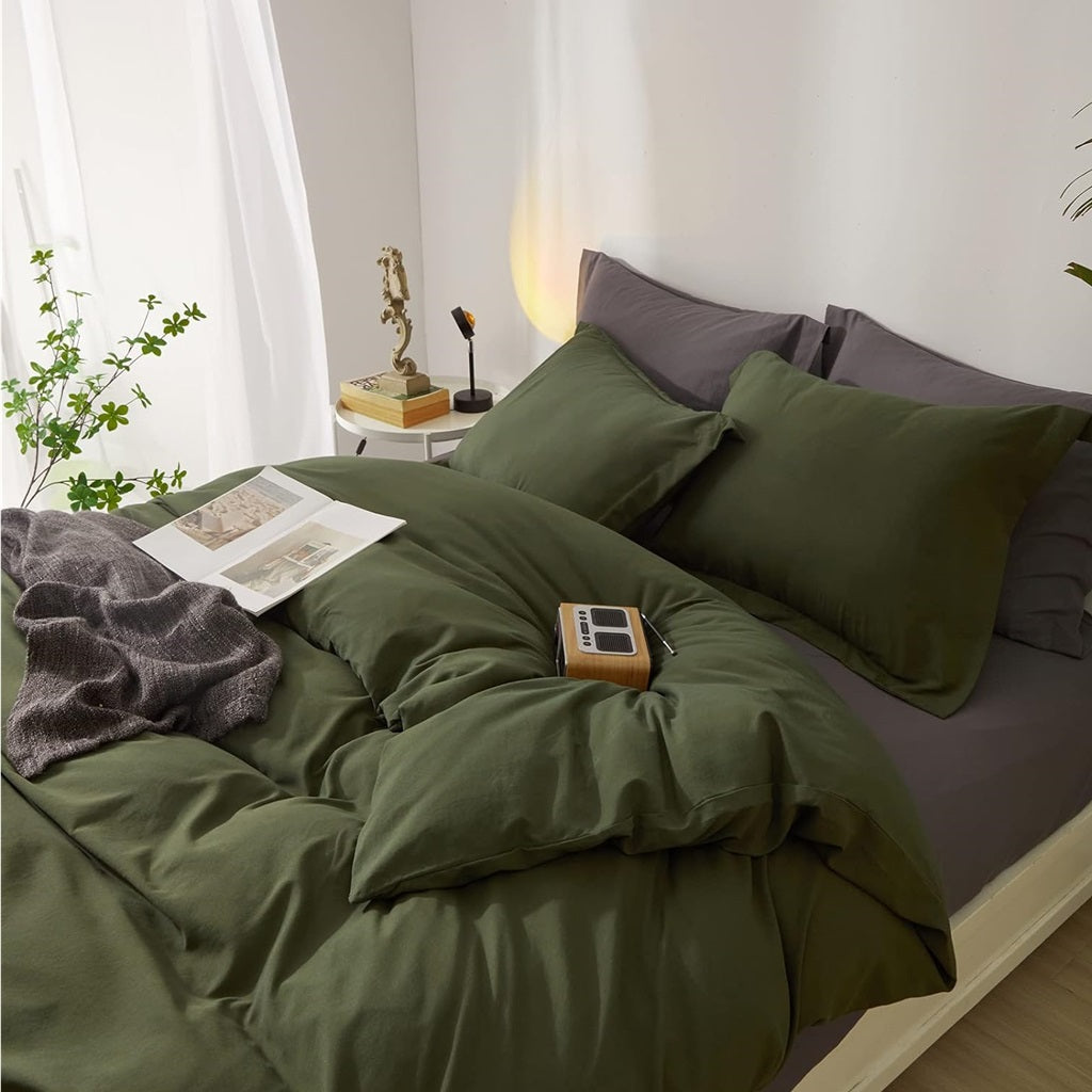 8 Pcs Dyed Plain Olive Green Bed Sheet Set (Quilt, Pillow & Cushion Covers)