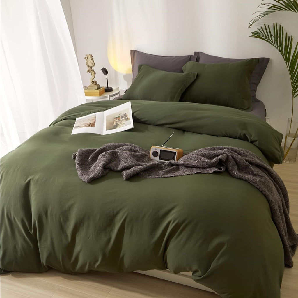 8 Pcs Dyed Plain Olive Green Bed Sheet Set (Quilt, Pillow & Cushion Covers)