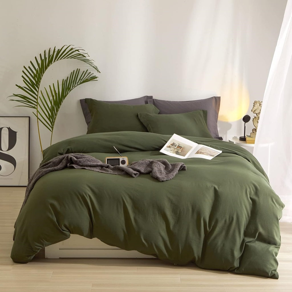 8 Pcs Dyed Plain Olive Green Bed Sheet Set (Quilt, Pillow & Cushion Covers)