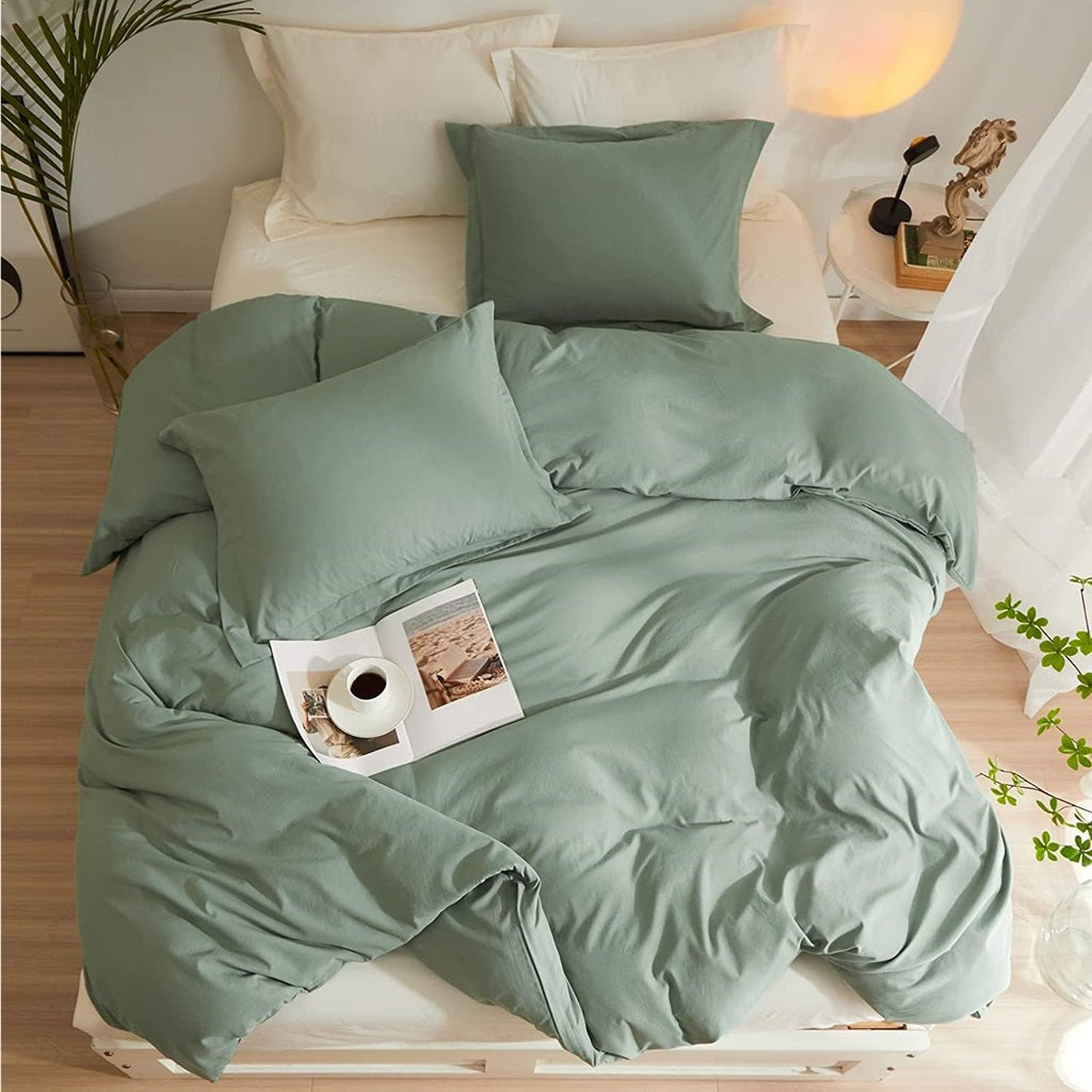 8 Pcs Dyed Plain Sage Green Bed Sheet Set (Quilt, Pillow & Cushion Covers)