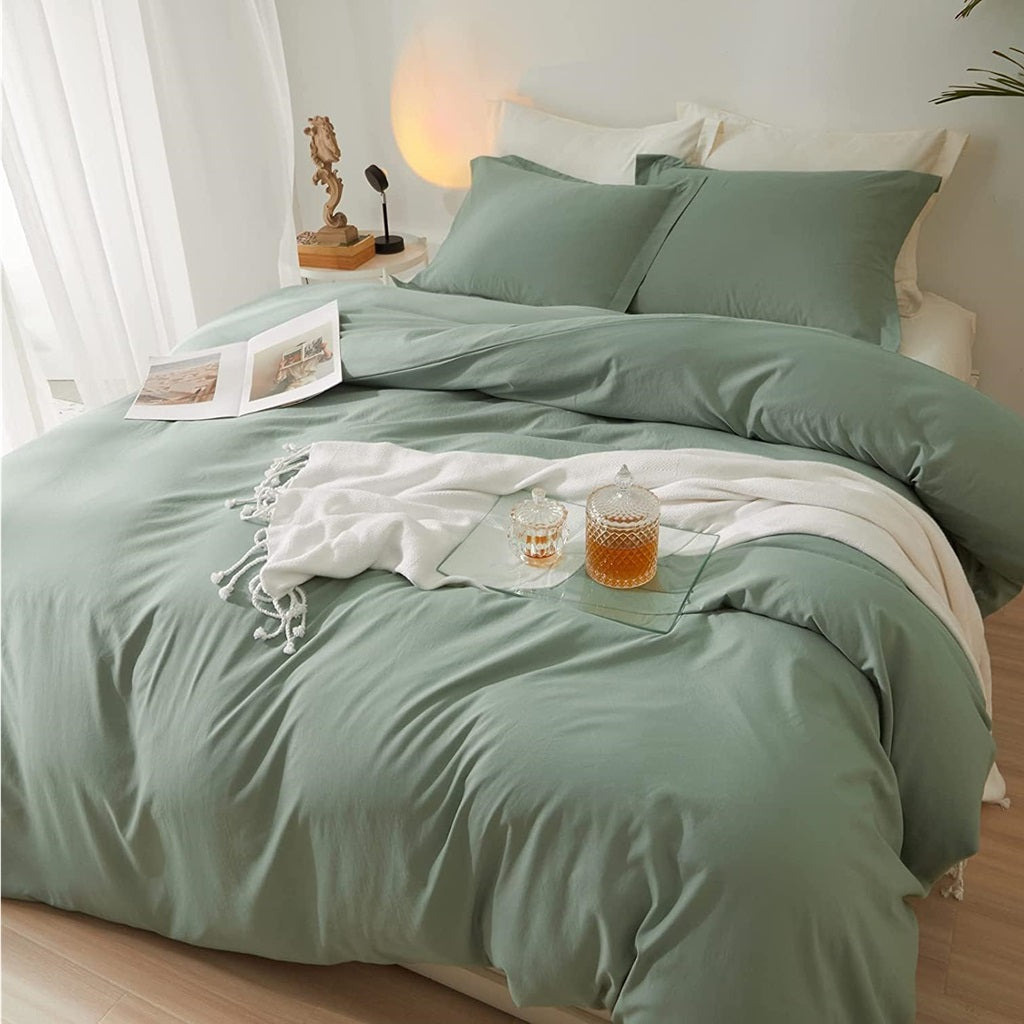 8 Pcs Dyed Plain Sage Green Bed Sheet Set (Quilt, Pillow & Cushion Covers)