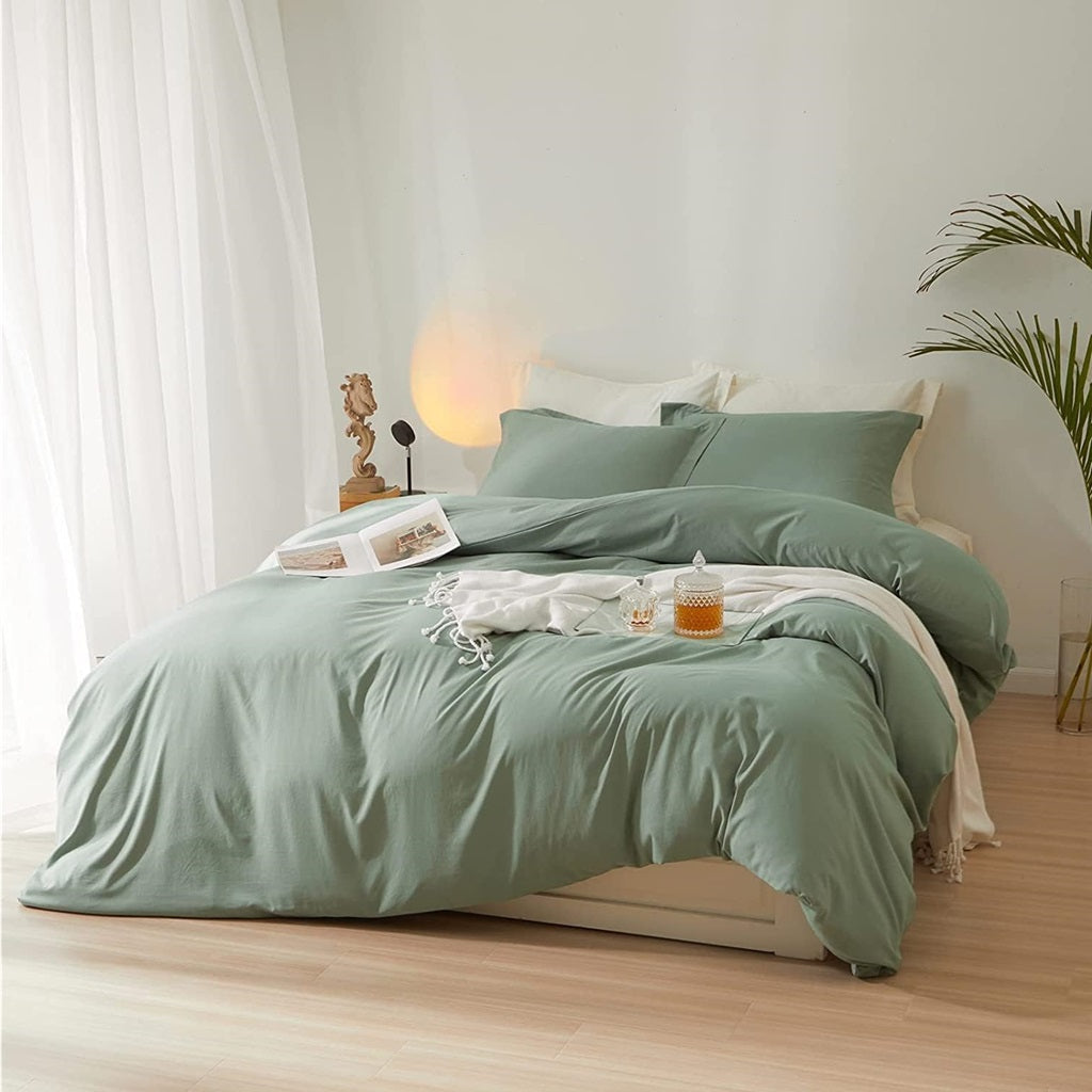 8 Pcs Dyed Plain Sage Green Bed Sheet Set (Quilt, Pillow & Cushion Covers)