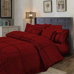 8 Pcs Dyed Pleated Maroon Bed Sheet Set With Quilt, Pillow And Cushions Covers