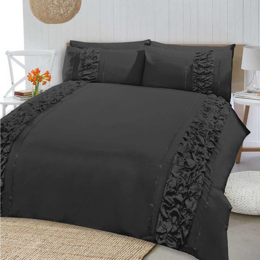 8 Pcs Dyed Smokey Black Bed Sheet Set with Quilt, Pillow and Cushions Covers 1200