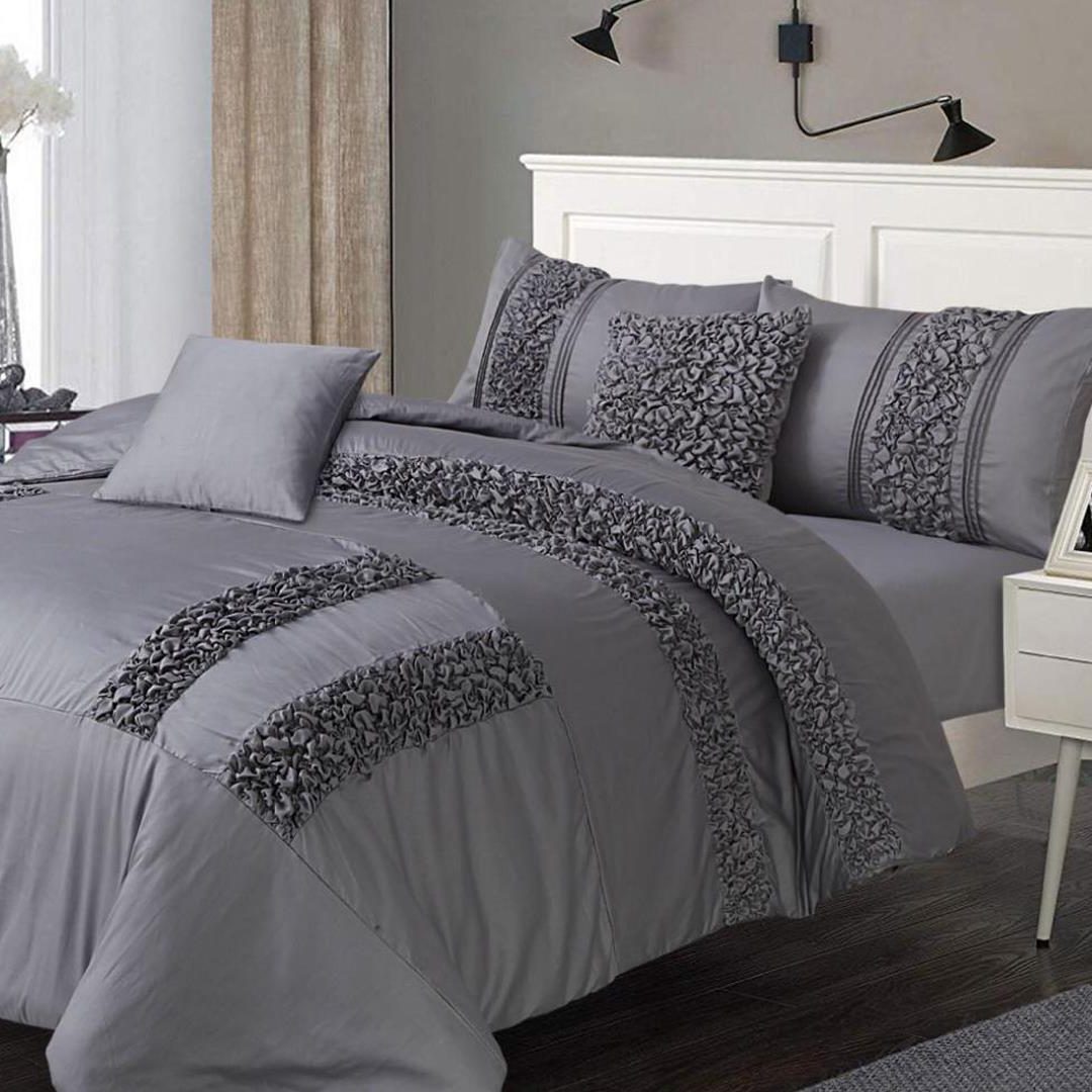 8 Pcs Dyed Smokey Dark Grey Bed Sheet Set With Quilt, Pillow And Cushions Covers