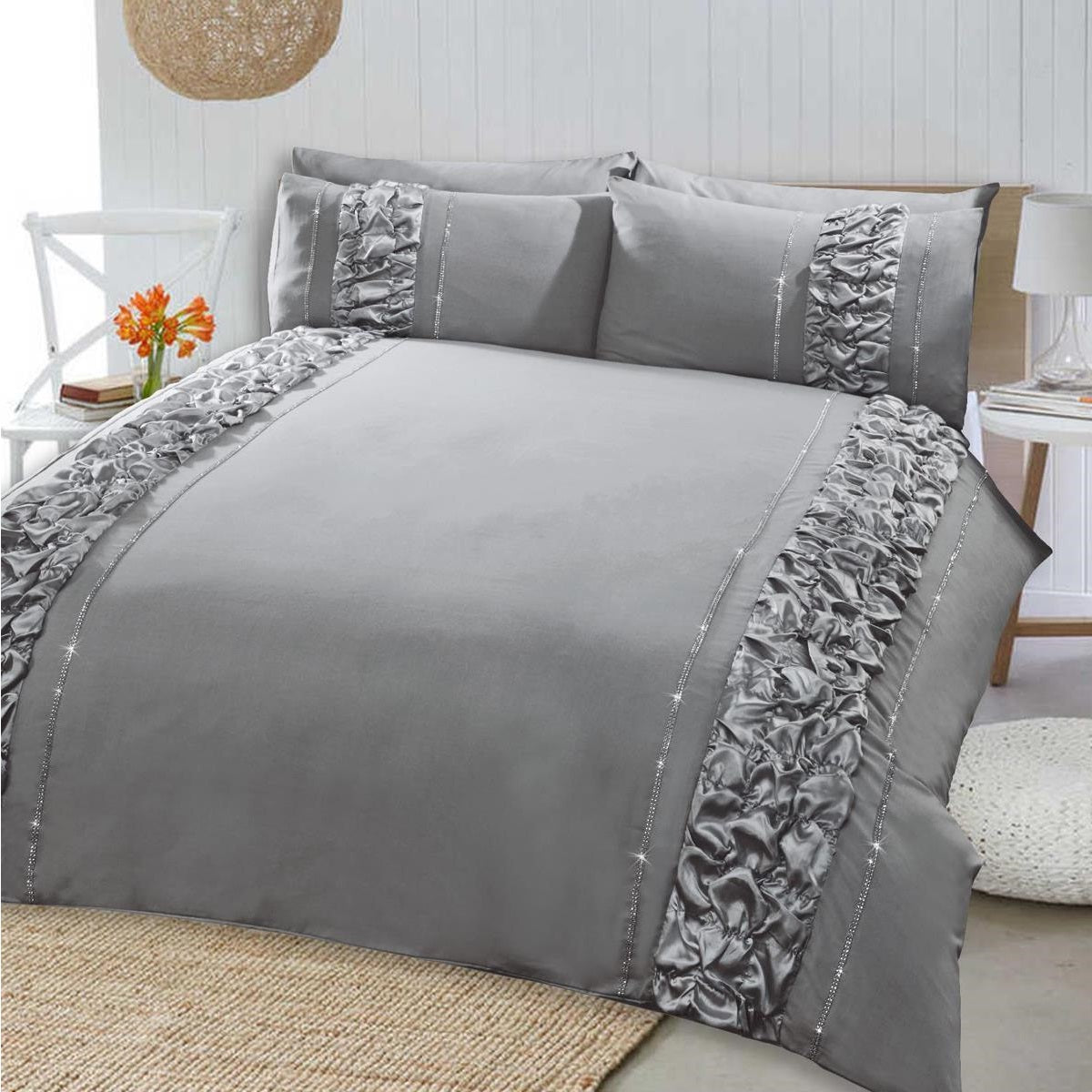 8 Pcs Dyed Smokey Grey Bed Sheet Set with Quilt, Pillow and Cushions Covers