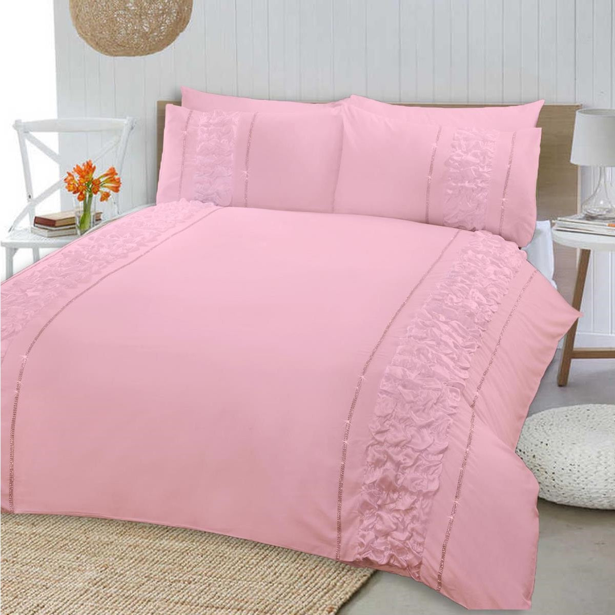 8 Pcs Dyed Smokey Pink Bed Sheet Set with Quilt, Pillow and Cushions Covers