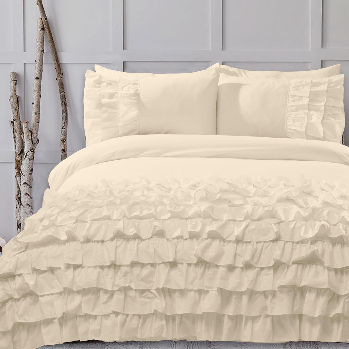 8 Pcs Frilly Off-White Bed Sheet Set with Quilt, Pillow and Cushions Covers