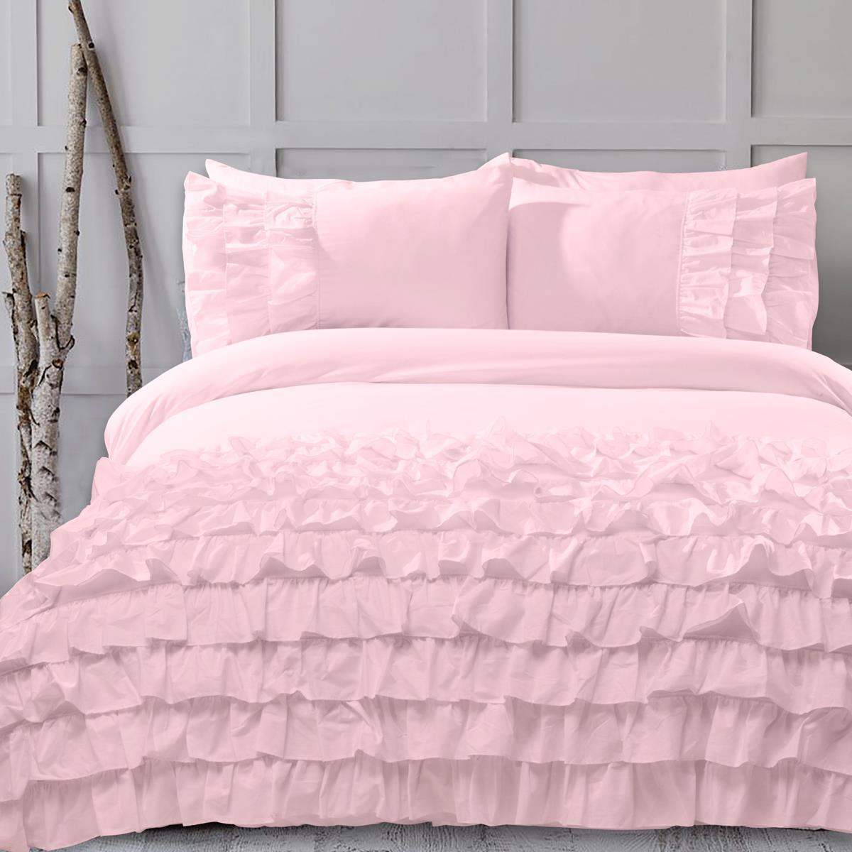 8 Pcs Frilly Pink Bed Sheet Set with Quilt, Pillow and Cushions Covers