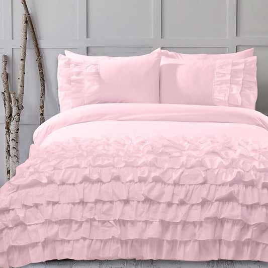 8 Pcs Frilly Pink Bed Sheet Set with Quilt, Pillow and Cushions Covers 1200