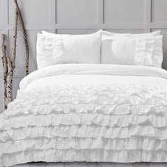 8 Pcs Frilly White Bed Sheet Set with Quilt, Pillow and Cushions Covers