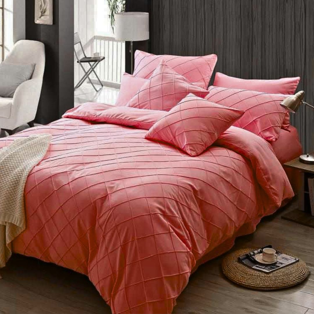 8 Pcs Pinch Pleat Blush Pink Bed Sheet Set With Quilt, Pillow And Cushions Covers